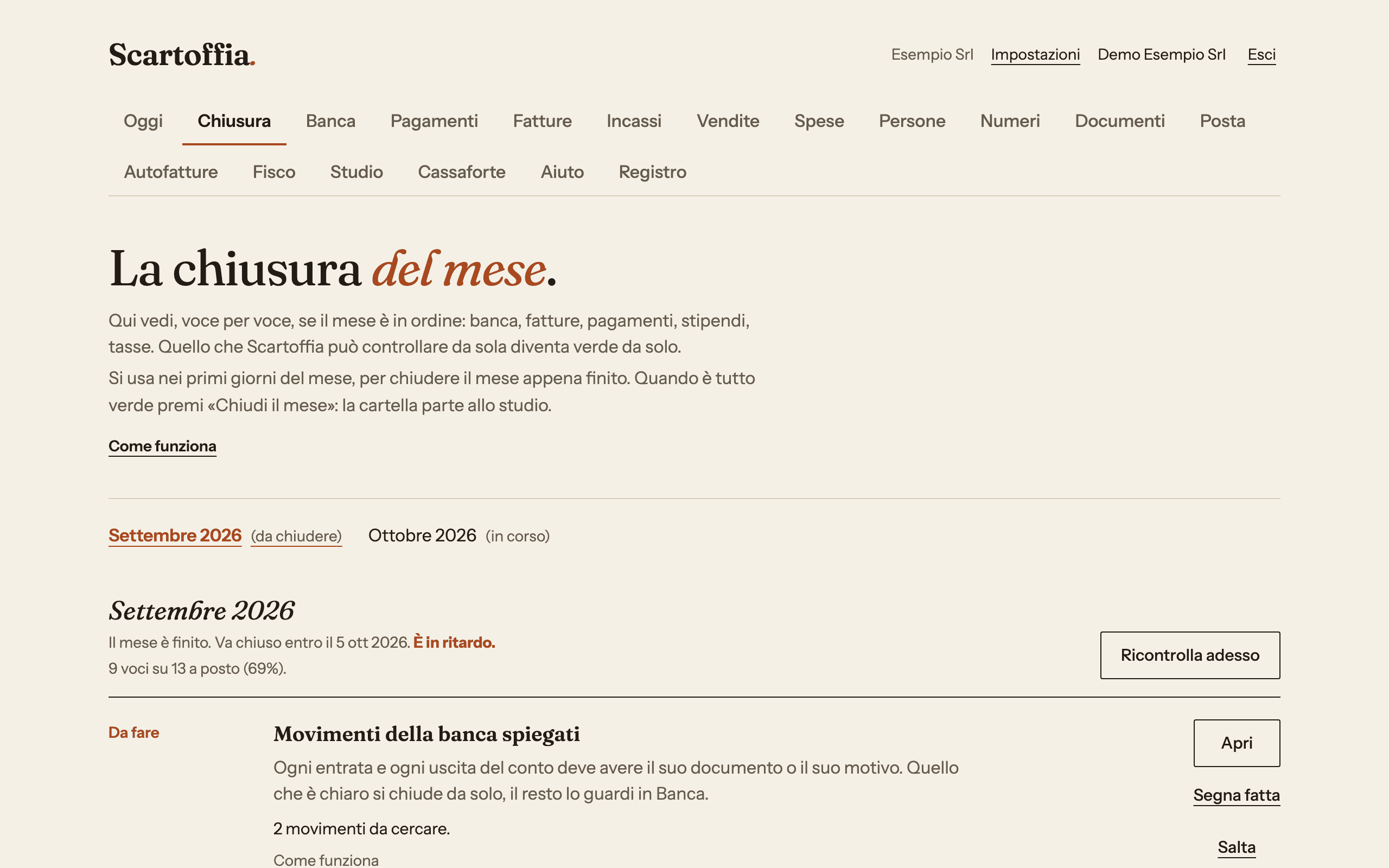 Schermata della chiusura del mese con la lista delle voci e il loro stato