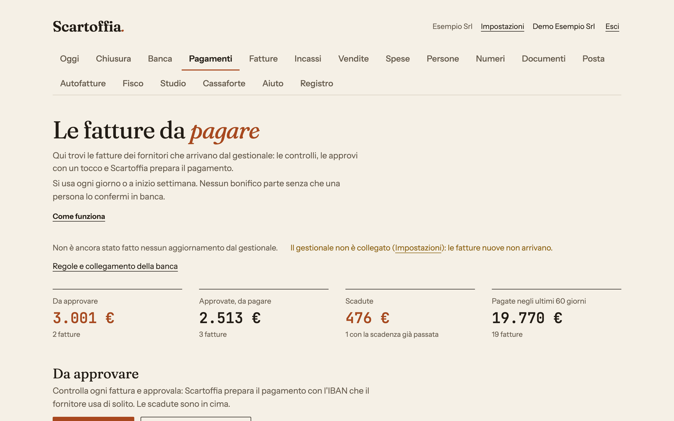 Schermata delle fatture da approvare, con importo, scadenza e stato del pagamento