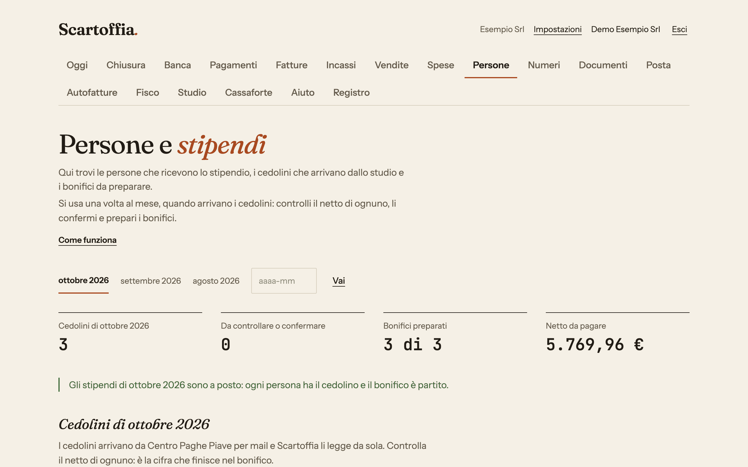 Schermata dei cedolini del mese e del lotto di bonifici degli stipendi