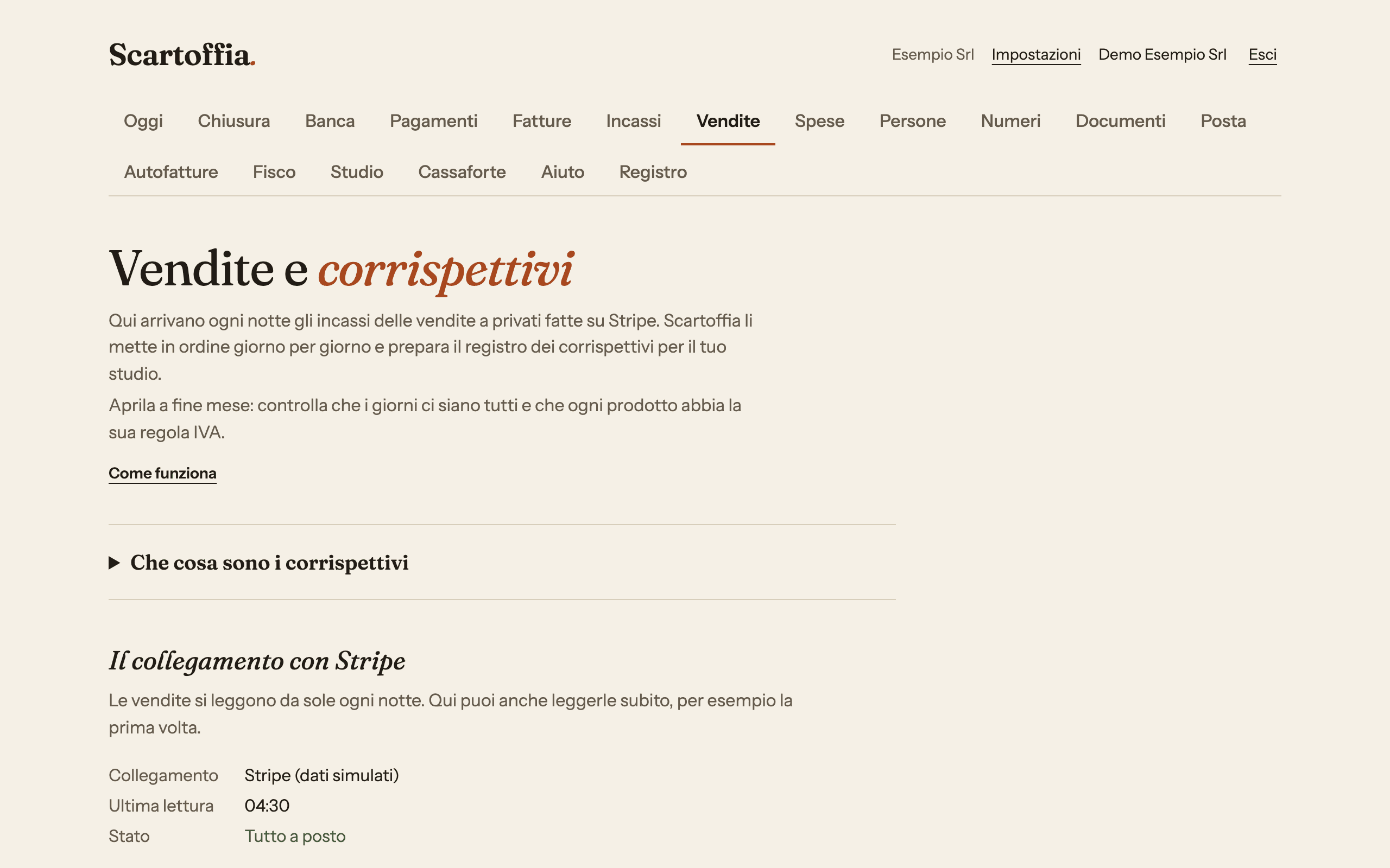 Schermata delle vendite del mese con il registro dei corrispettivi